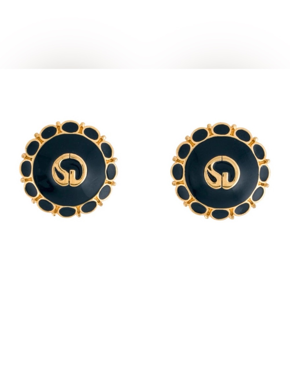 St. John Gold-Tone and Black Logo Button Stud Earrings